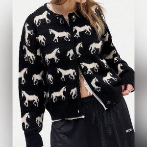 Black & Cream Horse Pattern Knit Cardigan Jacket